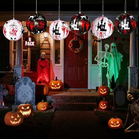Amazon - 6 PCS 11.8 inch Hanging Halloween Decorations Ball Set, Inflatable Hanging Halloween Ornament Balls with Bloody Handprints, Haunted Castles, Creepy Faces, Black Cats and Pumpkin for Yard,Party Decor