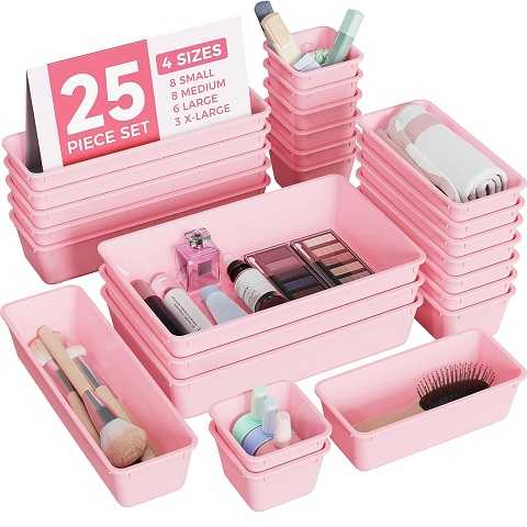 Amazon - 25 PCS Plastic Drawer Organizers Set, 4-Sizes Vanity and Makeup Organizer, Desk and bathroom Drawer Organizer Trays, Organizers and Storage for Makeup, Jewelry, Gadgets, Utensils (Pink)