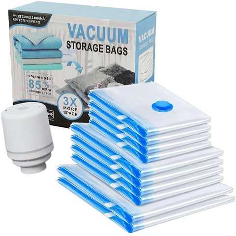 Amazon - Vacuum Storage Bags, 10 Pack with Electric & Manual Pump, Space Saver Compression Bags for Clothes, Blue and White, Nylon, 4 Medium 4 Large 2 Jumbo, (Electric Pump)