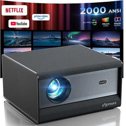 Amazon - ELEPHAS Smart 4K Projector with WiFi and Bluetooth - Compatible with Netflix, Prime Video, YouTube, Dust-Proof Sealed, Dolby Audio, Auto Focus & Keystone PRO UHD HDR 10+ Video Projector