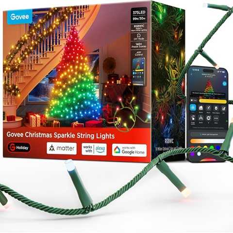 Amazon - Govee Christmas Sparkle String Lights 99ft, RGBWIC String Lights with 375 Bullet-Head LEDs, App-Controlled, 140+ Scene Modes, Shape Mapping, Music Sync, Works with Alexa, Indoor Holiday Decorations