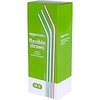 100ct Amazon Basics Disposable Striped Plastic Flex Straws, 7.5-in