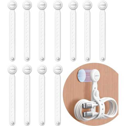 Amazon - JOYROOM 12PCS Magnetic Cable Ties - Reusable Silicone Cord Organizer with Buckle Holes, Elastic Cable Management Straps for Data Cables, Charging Cords, and More (White)