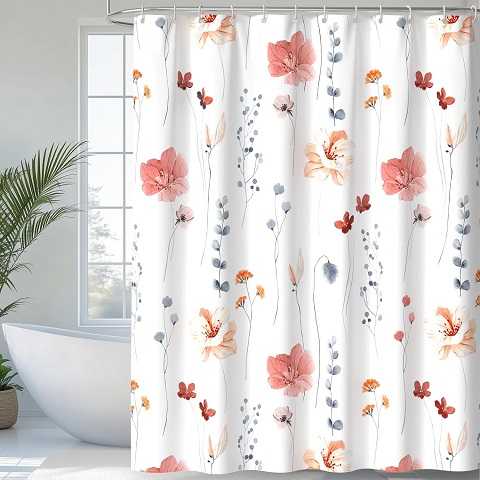 Amazon - QiyI Watercolor Floral Shower Curtain, Flowers Print Minimalist Bathroom Curtain, Machine Washable Spring Modern Shower Curtains, Waterproof Fabric Shower Curtain Set with Hooks, 72 x 72, Pink
