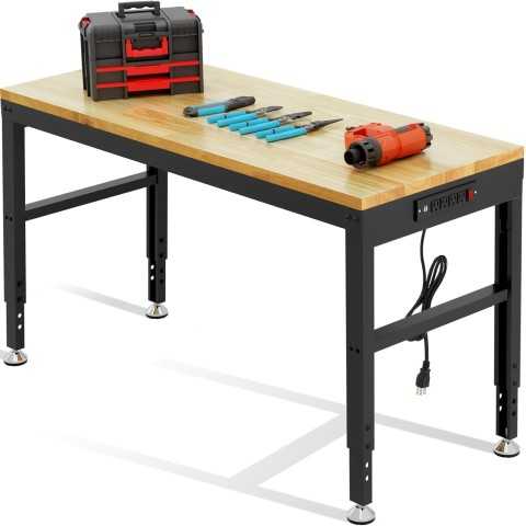 Amazon - 48'' Heavy Duty Workbench, Solid Wood Working Bench Adjustable Height Rolling Work Tables with Power Outlets for Home Office, 1800 Lbs Capacity (Rubber Pad丨48 x24 丨Socket)