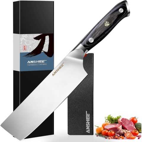 Amazon - anshee 7 Inch Nakiri Vegetable Cleaver Knife - Full Tang High Carbon Stainless Steel Professional Kitchen Knife with Sheath Gift Box,Ergonomic Handle for Meat,Vegetables (Home Cooks&Restaurants Use)