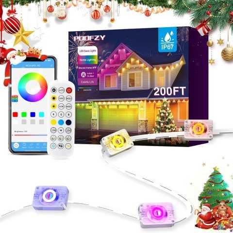 Amazon - POOFZY Permanent Outdoor Lights for House,200ft RGB+IC Smart Outdoor Decor, 50 Scene Modes,App/Remote Control,IP67 Waterproof,for Christmas,Halloween,Daily & Holiday Party Decor,House Roof Lighting