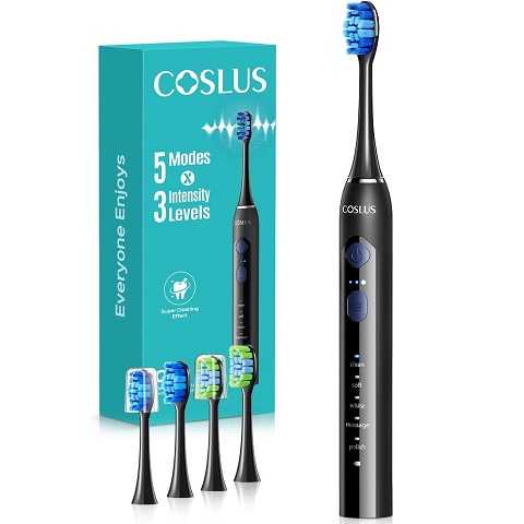 Amazon - COSLUS Sonic Electric Toothbrush for Adults: 3 Intensities & 5 Modes Gum-Friendly for Deep Cleaning & Whitening - 2 Types of Heads for Family, Sensitive Teeth, Braces, Travel & Home Use, Black, 1PC