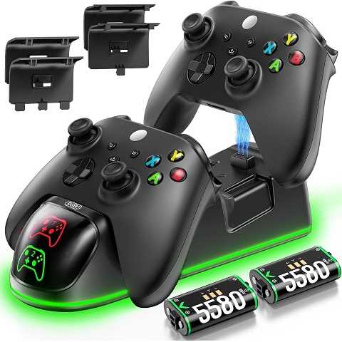 Amazon - OIVO XSX Controller Charger Station with 2 Packs 5580mWh Rechargeable Battery for Xbox Series X/S/One/Elite/Core Controller, Charging Dock for Xbx with 4 Packs Covers for Xbox One Console