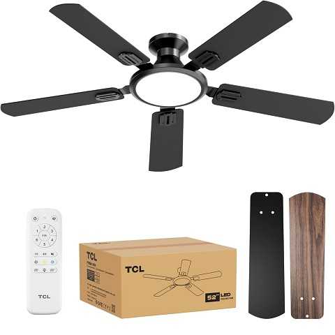 Amazon - TCL 52'' Low Profile Ceiling Fan with Light, Slim, Black, Flush Mount, DC Reversible Motor, 6 Speeds, Remote Control, Noiseless, Dimmable, LED Light, 3CCT, Modern Matte Black Ceiling Fan for Bedroom