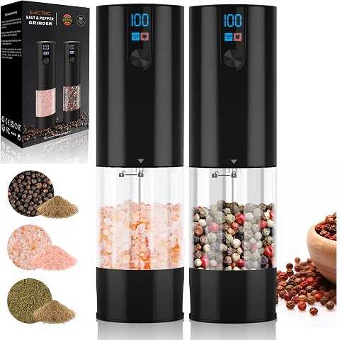 Amazon - Electric Salt and Pepper Grinder Set, USB Rechargeable, Automatic Salt Pepper Mill Grinder Adjustable Coarseness with LED-Display, 120ml Container, One-Button Control, Suitable for kitchen, restaurant