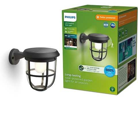 Amazon - Philips Solar LED 1-Pack Ultra-Efficient Wall Lantern - Radii, Dusk to Dawn, Automatically Linkable, Daylight and Motion Sensor, 3000K Bright White Light, IP44, Black