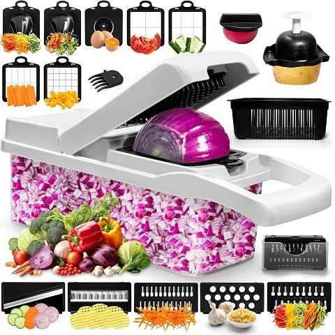 Amazon - Vegetable Chopper & Spiralizer - Food Chopper with Container | Fruit Slicer, Kitchen Gadget | Dice, Slice, Shred Veggies/Fruits | Perfect for Salads | (22-in-1white)