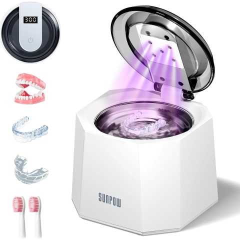 Amazon - SUNPOW Ultrasonic Retainer Cleaner - 48kHz Retainer Cleaner Machine with 5 UV Lights for Dentures,Night Guards, Mouth Guards- 220ML Dental Cleaning Pod Upgrade Design