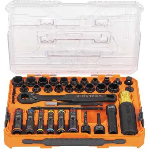 Amazon - Klein Tools 65500KNECT KNECT Impact Socket Set, SAE and Metric Pass Through Socket Set, 90-Tooth Ratchet, MODbox Case, SAE, Metric, Screwdriver Handle, Bits, 39-Piece