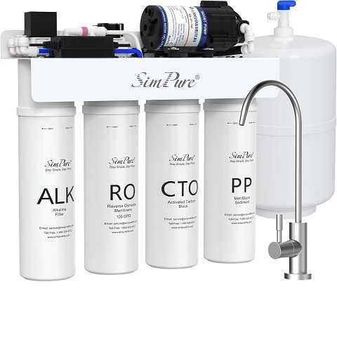 Amazon - SimPure T1-100ALK Alkaline Reverse Osmosis Water Filter, Mineral Reverse Osmosis System 7 Stage, NSF/ANSI 58 Certified, Under Sink RO Water Filtration System 100 GPD with Tank, Build in Pump