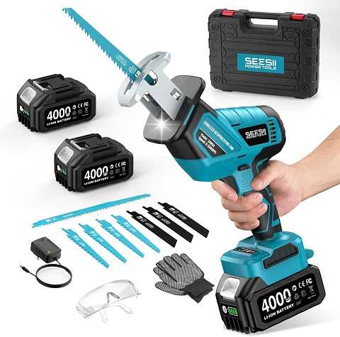 Amazon - SEESII Reciprocating Saw Cordless, Variable Speed 3500 RPM Brushless Motor with 8 Saw Blades, 2 x 4.0Ah Batteries, LED Light, Tool‑Free Blade Change, Portable for Wood PVC Cutting