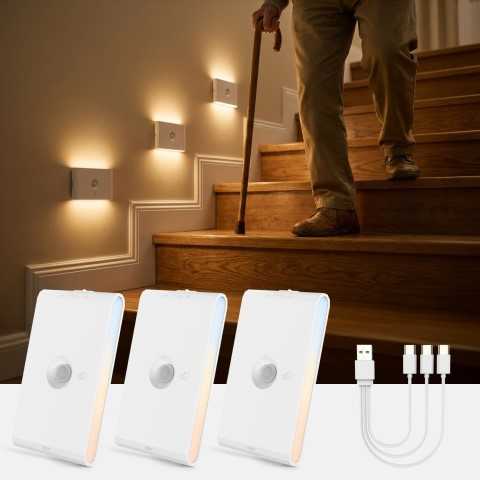 Amazon - wowatt Rechargeable Motion Sensor Night Light, White Automatic Lights with Magnetic Mount, Dimmable Stair Lights Indoor for Stairway, Hallway, Kitchen, Bathroom(3 Packs)