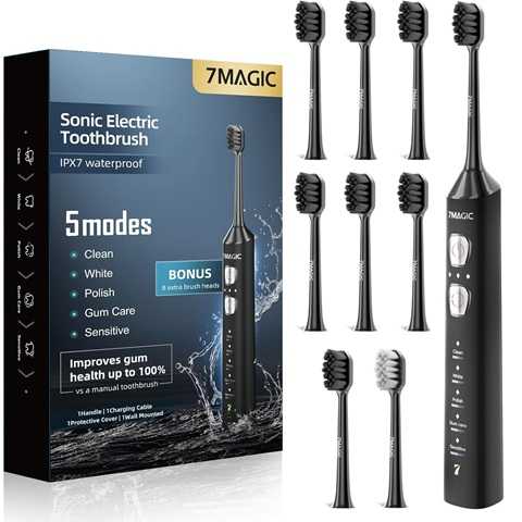 Amazon - 7MAGIC Sonic Electric Toothbrush for Adults and Kids - Up to 180 Days Runtime, 42000 VPM Powered Toothbrush, 5 Modes & 3 Intensities for Sensitive Teeth & Braces, Includes 8 Brush Heads, Black