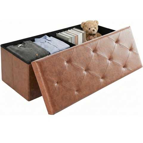 Amazon - Foldable Storage Ottoman Bench, Synthetic Leather Storage Chest, End of Bed Foot Rest Stool with Padded Seat, 43 Inch Bedroom Bench for Living Room, Support 660lbs, Brown