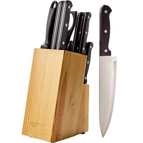 Amazon - Amazon Basics 14-Piece High Carbon Stainless Steel Kitchen Knife Set with Full Tang Construction, Ergonomic Handles, Sharpener and Pinewood Block, Black
