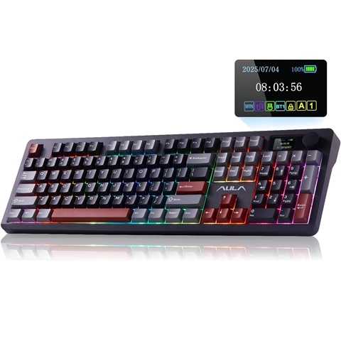 Amazon - AULA F106 PRO Wireless Mechanical Keyboard, 104 Keys Gaming Keyboard with Knob & Screen, Tri-Mode RGB Hot Swappable Creamy Sounding Computer Keyboards for PC/Laptop/Windows - Black Red