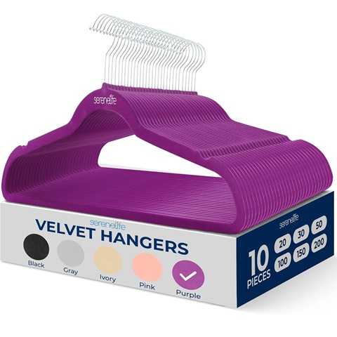 Amazon - SereneLife 10 Pack Velvet Hangers – Non-Slip Clothes Hangers with Heavy Duty Design, Slim Space-Saving Coat Hangers with 360° Swivel Hook, Strong Lightweight Closet Organizer Set for Clothes (Purple)