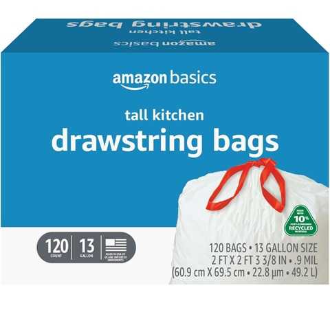 Amazon - Amazon Basics 13 Gallon Tall Kitchen Drawstring Trash Bags, Unscented, 10% Post Consumer Recycled, 120 Count, White