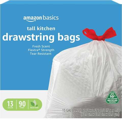 Amazon - Amazon Basics 13 Gallon Tall Kitchen Drawstring Trash Bags, Flextra Strength, Tear Resistant, Puncture Resistant, 10% Post Consumer Recycled, 90 Count, White