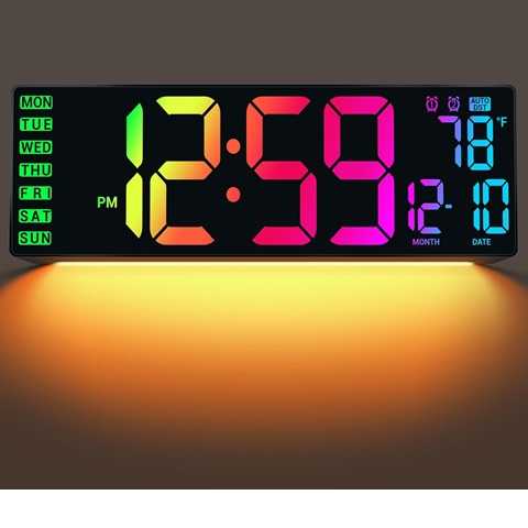 Amazon - 16.5'' Large Digital Wall Clock with Remote Control, Auto-Dimming LED Display with Date Temp, Big Number Wall Mount Decor Clock for Seniors, Classroom, Dorm, Home, Office, Gym Colorful