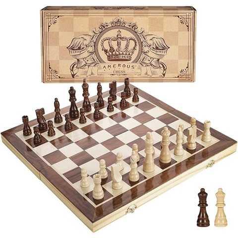 Amazon - AMEROUS 15 Inches Magnetic Wooden Chess Set - 2 Extra Queens - Folding Board - Pieces Storage Slots, Handmade Portable Travel Chess Game - Beginner Chess Set for Kids, 6 up Age