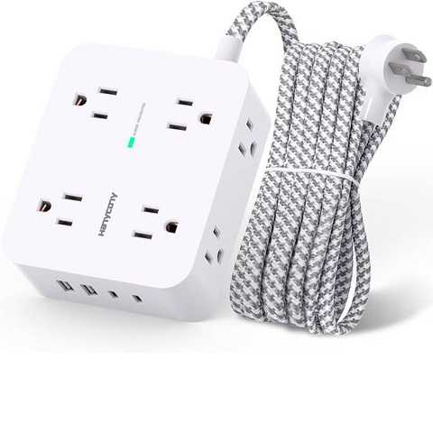 Amazon - Surge Protector Power Strip - HANYCONY 8 Outlets 4 USB (2 USB C) Charging Ports, Multi Plug Outlet Extender, 5Ft Braided Extension Cord, Flat Plug Wall Mount Desk Charging Station for Home Office ETL