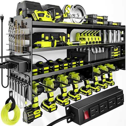 Amazon - Large Power Tool Organizer Wall Mount with Charging Station,4 Layer Heavy Duty Metal Tool Storage Rack Loads 600lbs with 8 Cordless Drill Holder,Battery Utility Rack Loads with 4 Power Strip