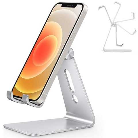 Amazon - Adjustable Cell Phone Stand, OMOTON Aluminum Desktop Cellphone Stand with Anti-Slip Base and Convenient Charging Port, Fits All Smart Phones, Silver