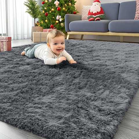 Amazon - OLANLY Area Rugs for Living Room Bedroom, Machine Washable 4x5.9 ft Soft Fluffy Shaggy Bedside Rug, Indoor Floor Carpet for Kids Girls and Boys, Dorms, Nursery Rooms, Home Decor Aesthetic, Grey