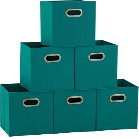 Amazon - Household Essentials Fabric Storage Cubes 6 Pack – 11x11x11 Foldable Non-Woven Bins with Chipboard Sides & Grommet Handles – Stackable Cube Organizer for Closet, Nursery, Shelf, or Office – Aqua