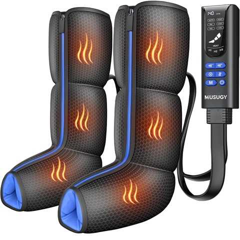 Amazon - Air Compression Leg Massager with Heat : MUSUGY Sequential Foot and Calf Massager for Circulation and Pain Relief, with 9 Intensity, 6 Modes, 3 Heat - for Mom, Dad, Standing Jobs & Daily Relaxation