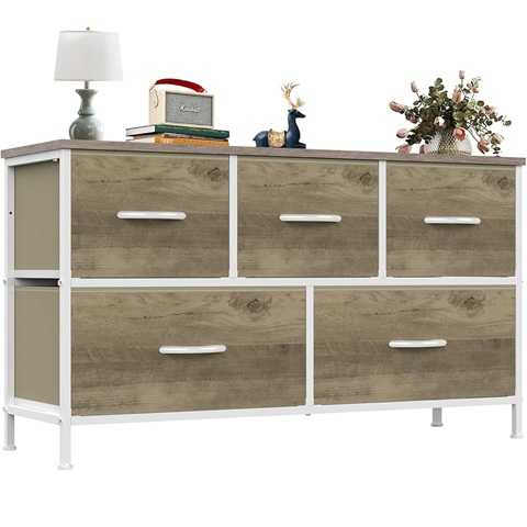 Amazon - OLIXIS Dresser for Bedroom with 5 Drawers, Wide Chest of Drawers, Fabric Bedroom Dresser with Drawer Organizer, Storage Organizer Unit with Fabric Bins for Closet, Living Room, Hallway, Greige Oak