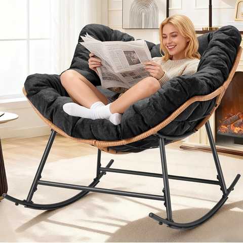 Amazon - Outdoor Comfy Rocking Chair with Thick Cushion, Rattan Rocker Egg Chair Indoor with Straps, Patio Rocking Chair 450lbs for Garden, Backyard, Balcony, Lawn, Bedroom, Living Room (Black)