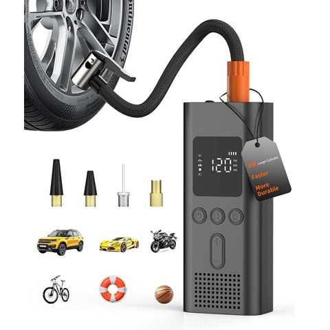 Amazon - Tire Inflator Portable Air Compressor, Cordless Metal-Cylinder Mini Air Pump for Car Tires with Pressure Gauge, Rechargeable, With LED Light, Portable for Bicycle, Motorcycle, Truck & Auto