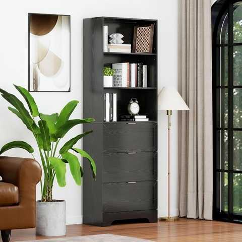 Amazon - Modern Black Bookshelves and Bookcases with Drawers, 6 Tier Tall Bookshelf with Drawers, Industrial Wood Bookcase, Floor Standing Display Case with Storage,Living Room,Office