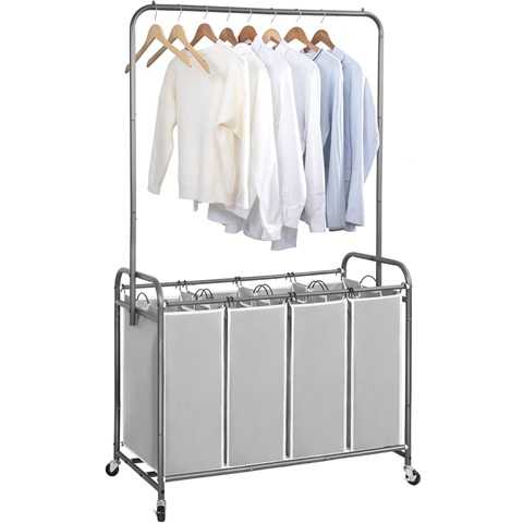 Amazon - STORAGE MANIAC Laundry Sorter with Hanging Bar, Portable, Removable Laundry Hamper Cart with Heavy Duty Rolling Lockable Wheels and Removable Bags, Rolling Laundry Basket Organizer 181L, 4 Section