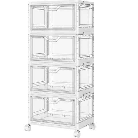 Amazon - SNSLXH Portable Clear Storage Bins with Lid & Wheels, 24QT Clear Storage Bins with Lid, 4-Tier Plastic Bins with Wheels, Stackable, Magnetic Doors, for Bedroom, Living Room, Office