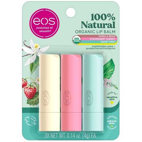 Amazon - eos 100% Natural & Organic Lip Balm Trio- Vanilla Bean, Sweet Mint, & Strawberry Sorbet, Made for Sensitive Skin, Lip Care Products, 0.14 oz, 3-Pack
