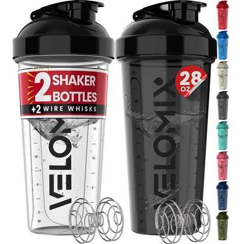 Amazon - VELOMIX -2 Pack- 28 oz Protein Shaker Bottles for Protein Mixes - 2x Wire Whisk | Leak Proof Shaker Cups for Protein Shakes | Protein Shaker Bottle Pack (Black/Transparent)