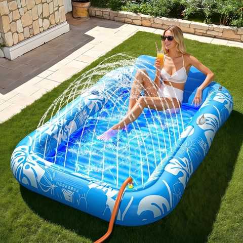 Amazon - Inflatable Tanning Pool Lounger Float with Sprinkler, 77'' x 48'' Pool Floats Adult with Pillow, 6 in 1 Suntan Tub Raft Floatie with Drink Holder Sunbathing Water Lounge
