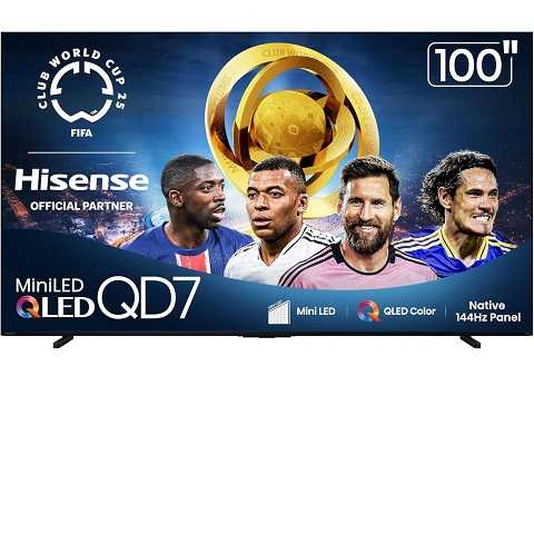 Amazon - Hisense 100'' Class QD7 Series Mini-LED 4K UHD Smart Fire TV (100QD7QF, 2025 Model) - QLED, 144hz, HDR10+, Dolby Vision, Dolby Atmos, Game Mode Pro, ALLM, Alexa Built in with Voice Remote, Black