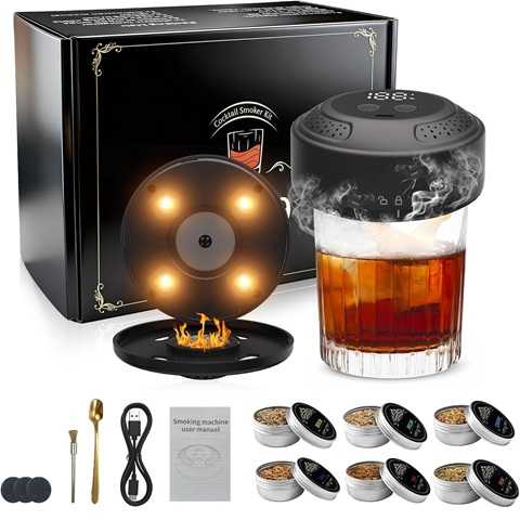 Amazon - Electric whiskey smoker set, cocktail smoker with LCD screen-new smoker set without butane, built-in lighter, with 6 pieces of wood chips, rechargeable, with 6 kinds of wood, gift to the man 's father