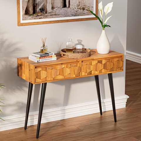 Amazon - Bme Console Modern Mid-Century 2 Drawers and Metal Legs, Unique Geometric Design Sofa Table for Entryway, Hallway, Living Room, Teak Brown