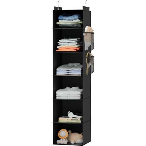 Amazon - VERONLY Hanging Closet Organizer and Storage with Bamboo Support, 6-Shelf Closet Hanging Storage Shelves, Closet Organizers Easy Mount Foldable for Bedroom(Black)